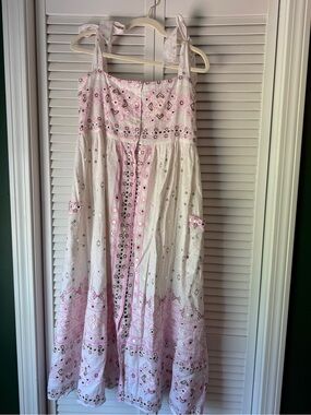 Juliet Dunn White and Pink Embroidered Tie-Shoulder Sundress